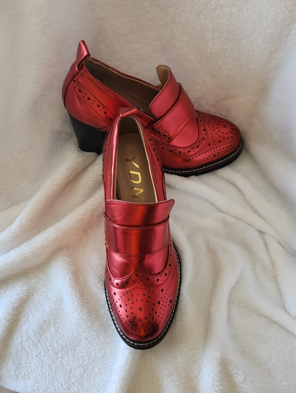 YDN Metallic Red Wingtip Loafers with Block Heel